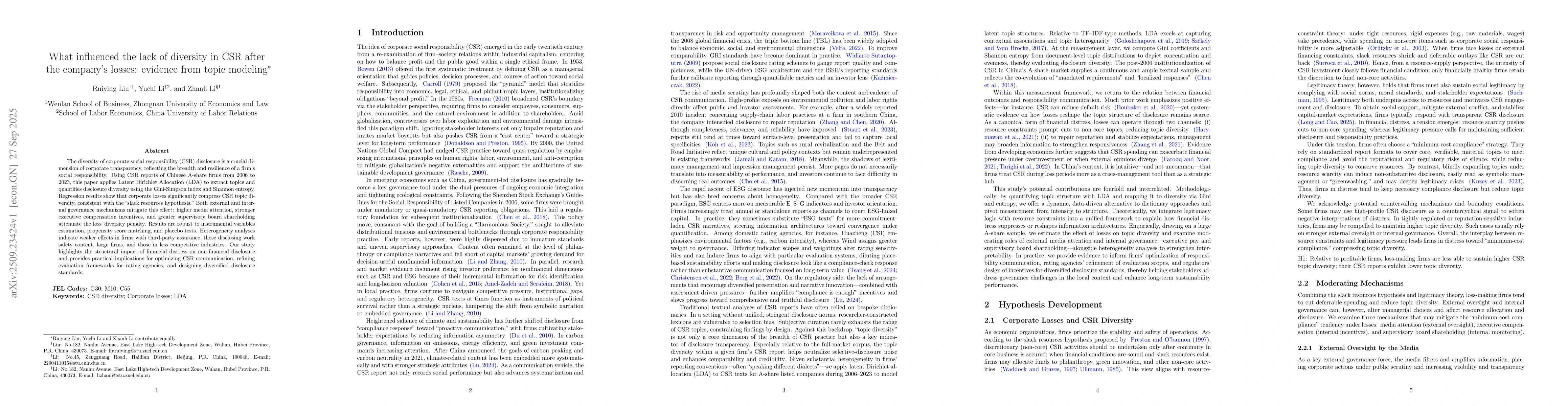 Thumbnail for What influenced the lack of diversity in CSR after the company's losses:
  evidence from topic modeling