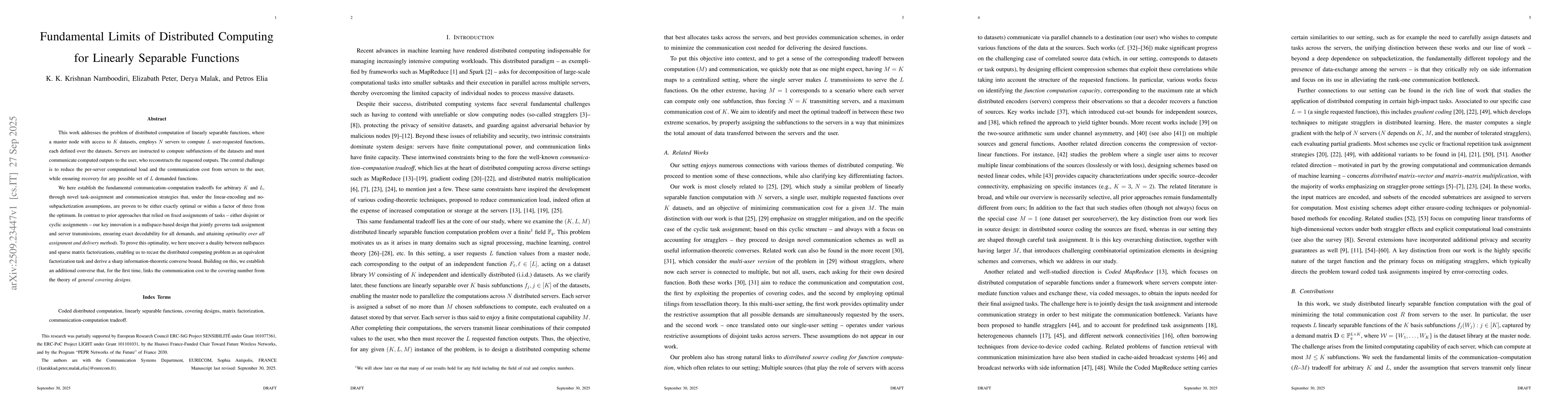 Thumbnail for Fundamental Limits of Distributed Computing for Linearly Separable
  Functions