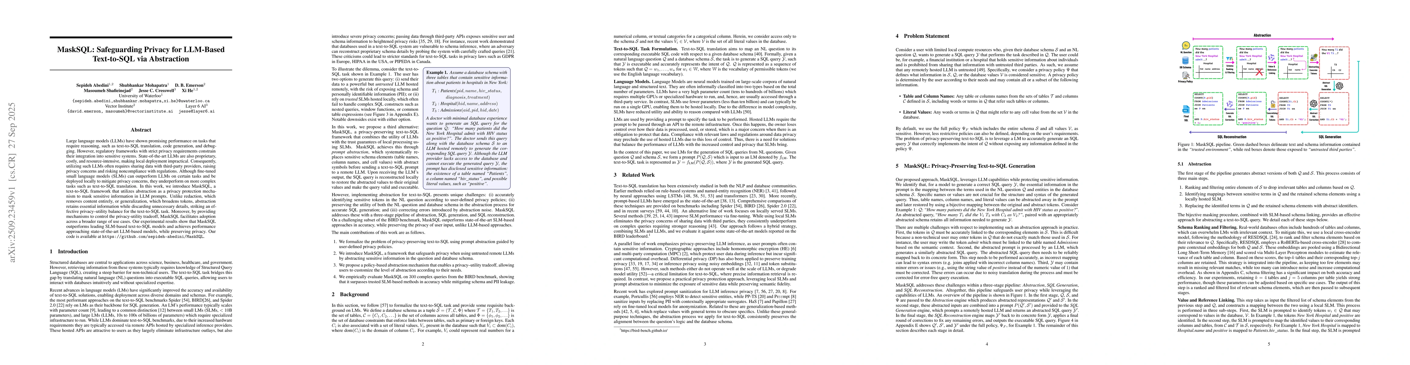 Thumbnail for MaskSQL: Safeguarding Privacy for LLM-Based Text-to-SQL via Abstraction