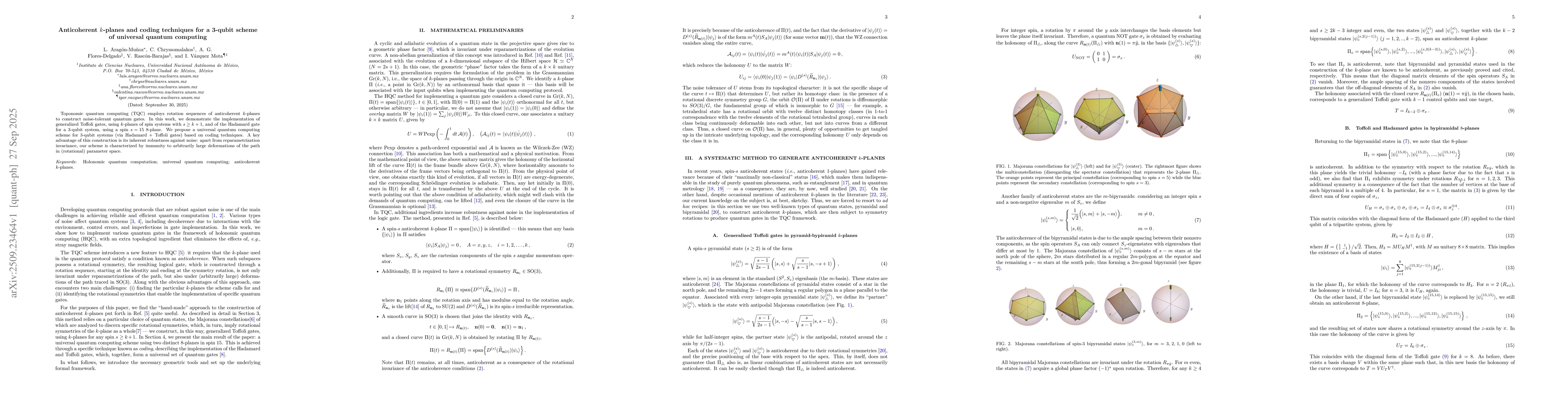 Thumbnail for Anticoherent $k$-planes and coding techniques for a 3-qubit scheme of
  universal quantum computing