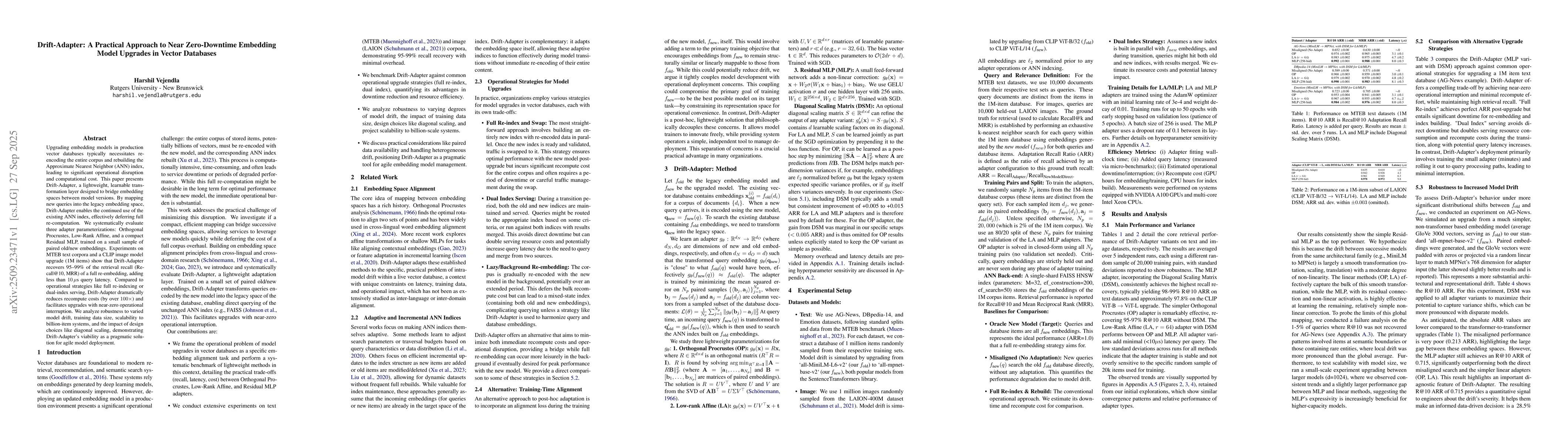 Thumbnail for Drift-Adapter: A Practical Approach to Near Zero-Downtime Embedding
  Model Upgrades in Vector Databases