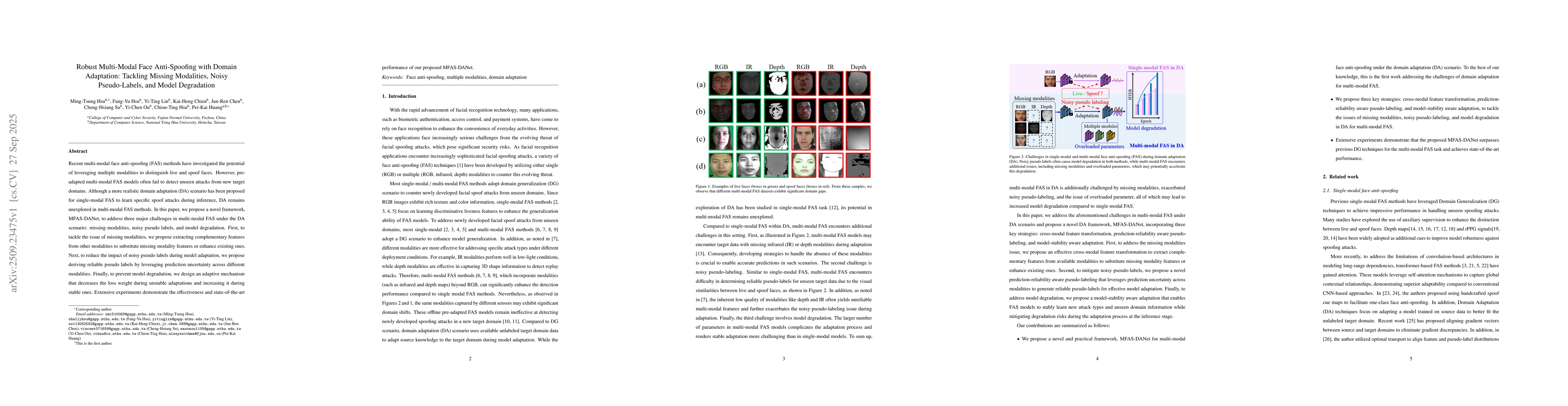 Thumbnail for Robust Multi-Modal Face Anti-Spoofing with Domain Adaptation: Tackling
  Missing Modalities, Noisy Pseudo-Labels, and Model Degradation