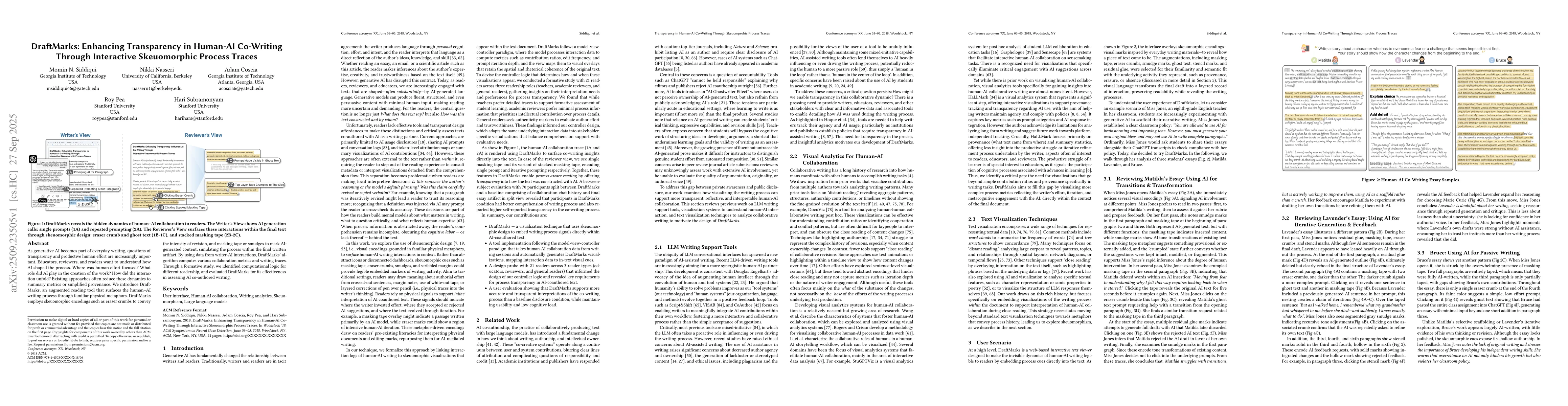 Thumbnail for DraftMarks: Enhancing Transparency in Human-AI Co-Writing Through
  Interactive Skeuomorphic Process Traces