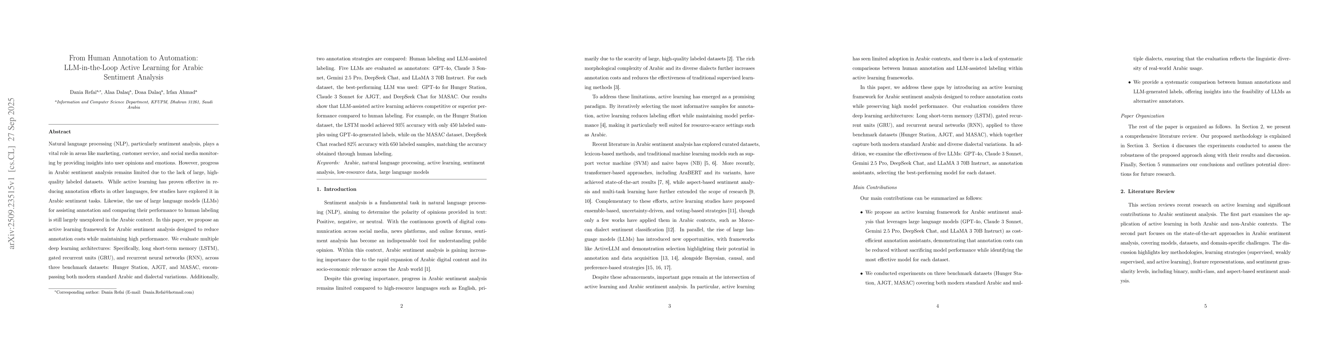 Thumbnail for From Human Annotation to Automation: LLM-in-the-Loop Active Learning for
  Arabic Sentiment Analysis