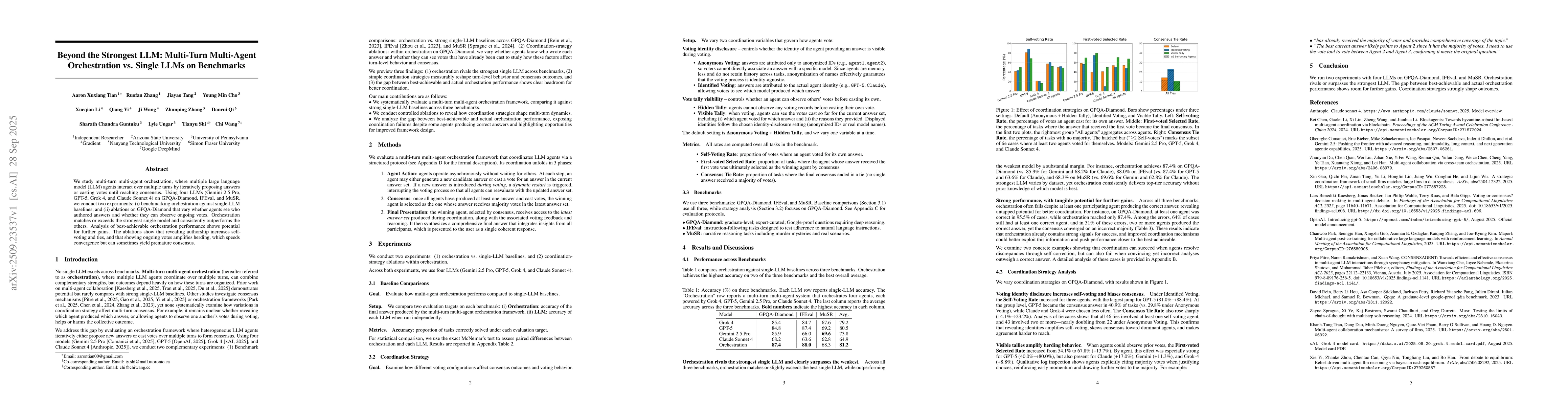 Thumbnail for Beyond the Strongest LLM: Multi-Turn Multi-Agent Orchestration vs.
  Single LLMs on Benchmarks