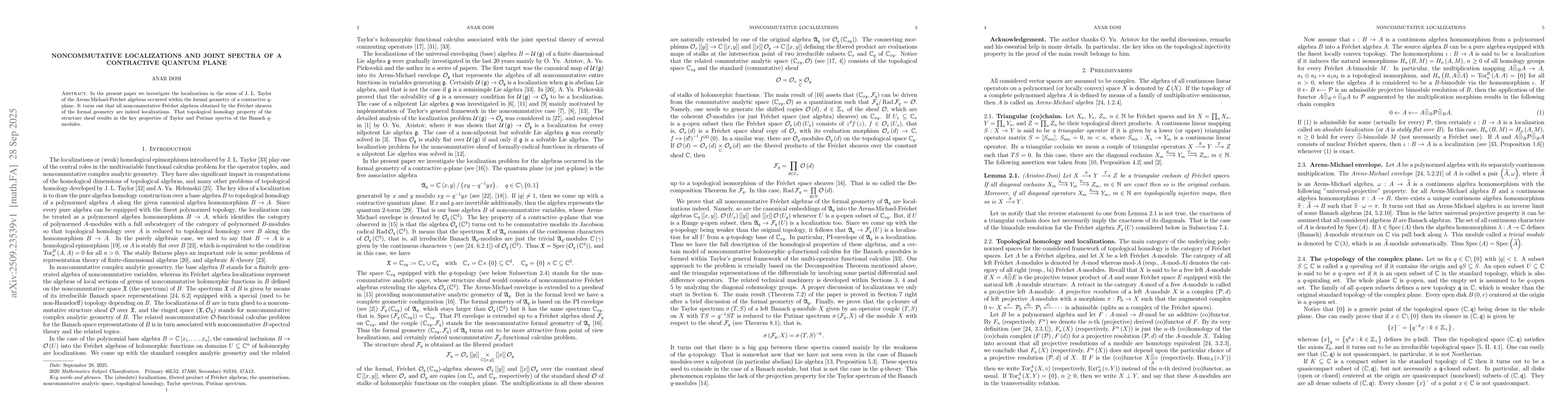Thumbnail for Noncommutative localizations and joint spectra of a contractive quantum
  plane