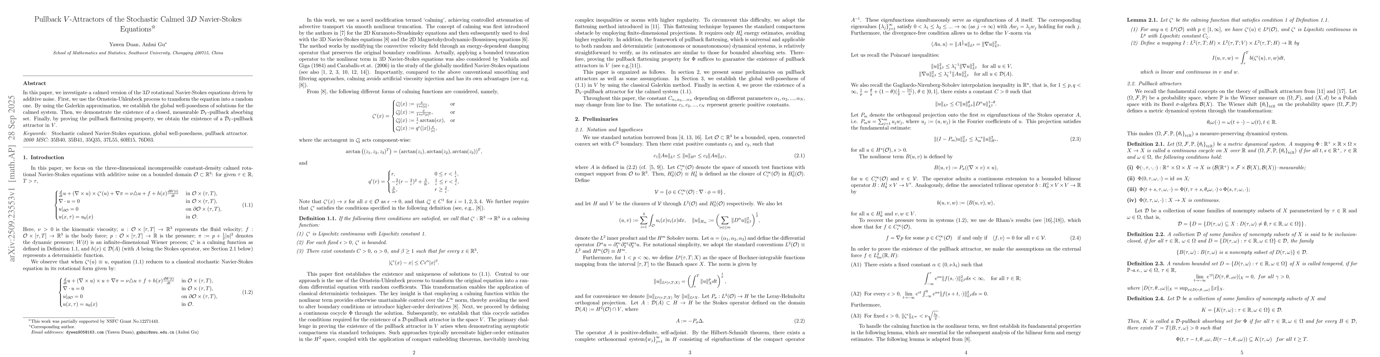 Thumbnail for Pullback $V$-Attractors of the Stochastic Calmed 3$D$ Navier-Stokes
  Equations