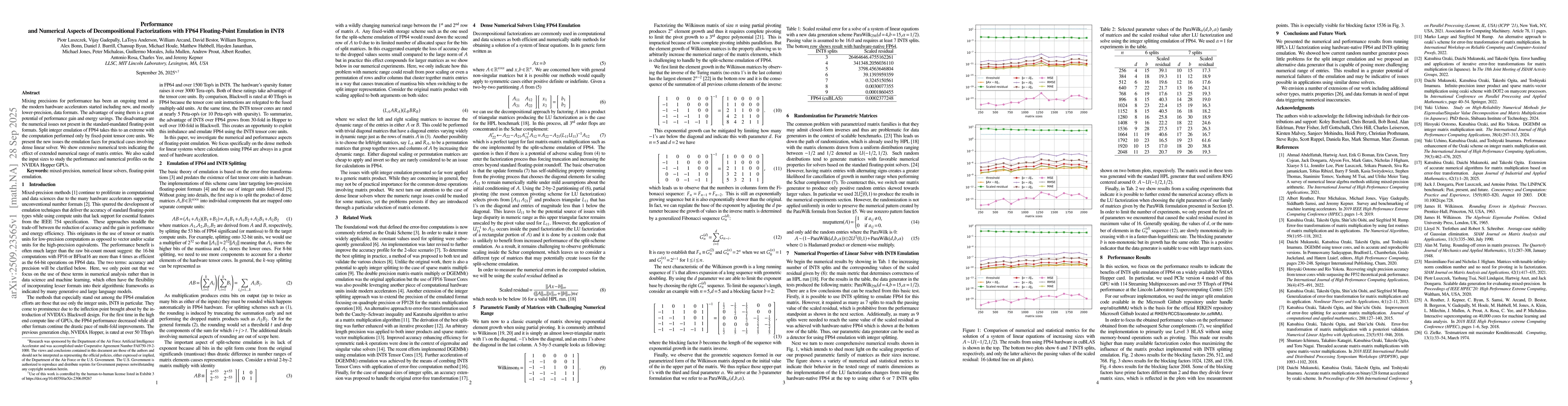 Thumbnail for Performance and Numerical Aspects of Decompositional Factorizations with
  FP64 Floating-Point Emulation in INT8