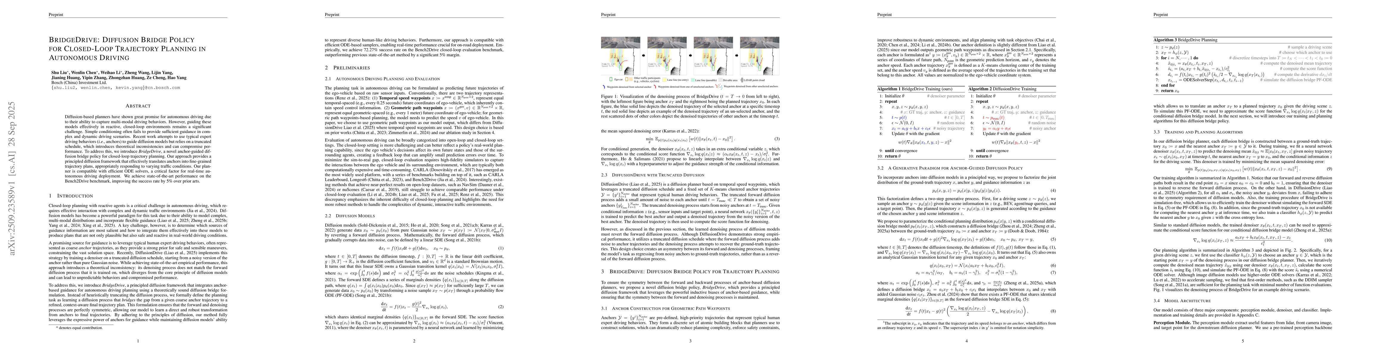 Thumbnail for BridgeDrive: Diffusion Bridge Policy for Closed-Loop Trajectory Planning
  in Autonomous Driving