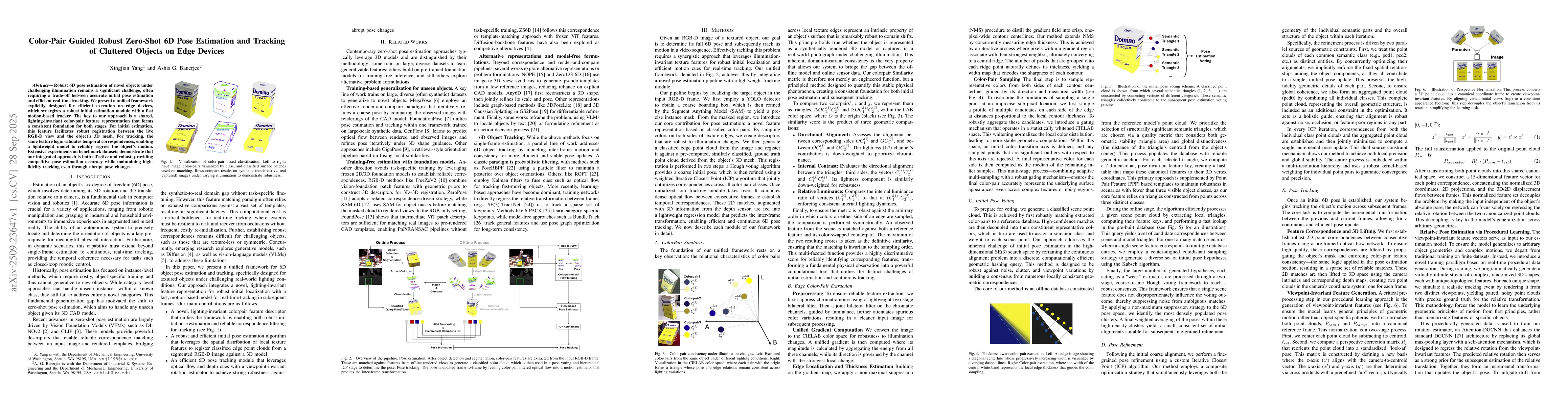 Thumbnail for Color-Pair Guided Robust Zero-Shot 6D Pose Estimation and Tracking of
  Cluttered Objects on Edge Devices