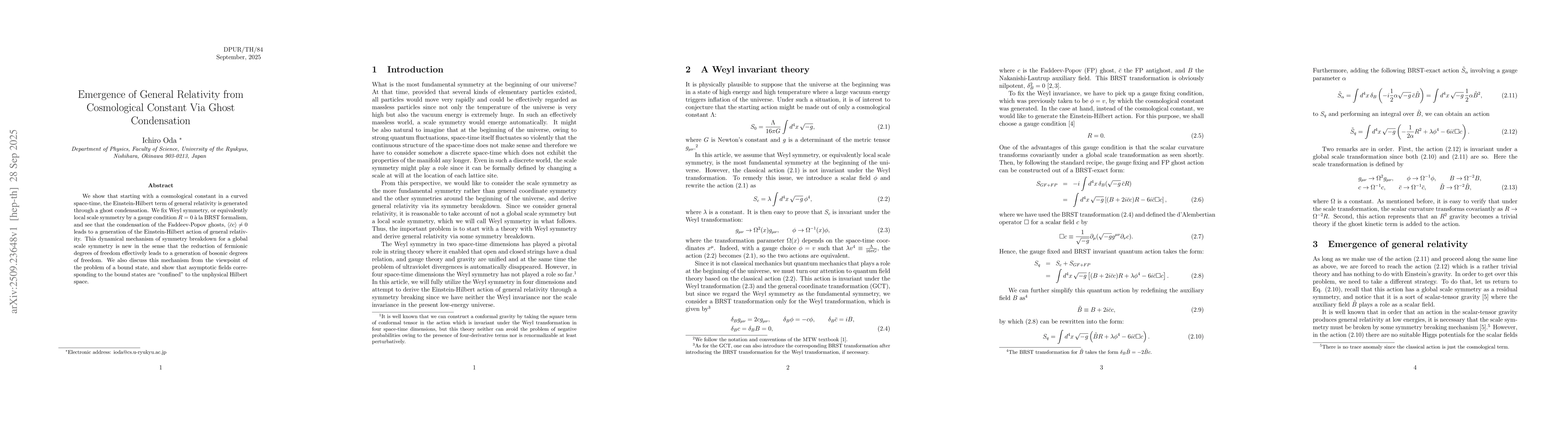 Thumbnail for Emergence of General Relativity from Cosmological Constant Via Ghost
  Condensation