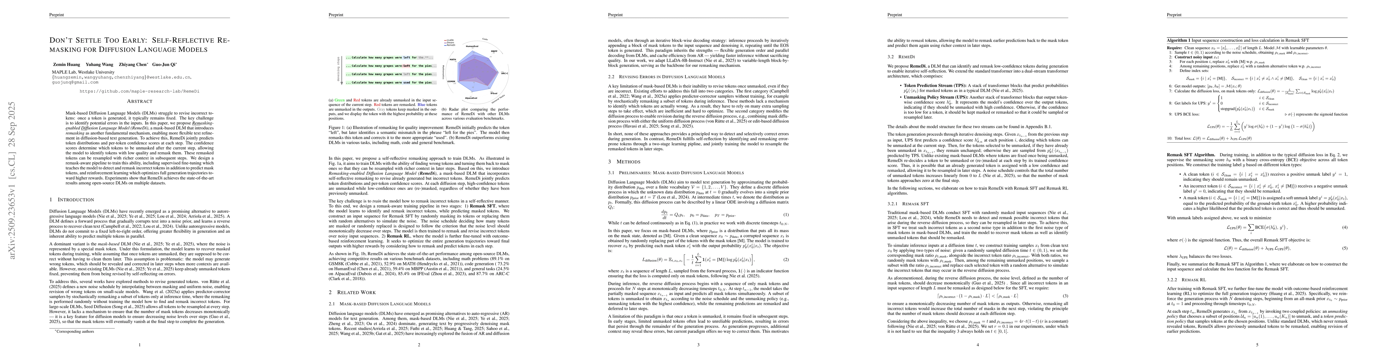 Thumbnail for Don't Settle Too Early: Self-Reflective Remasking for Diffusion Language
  Models