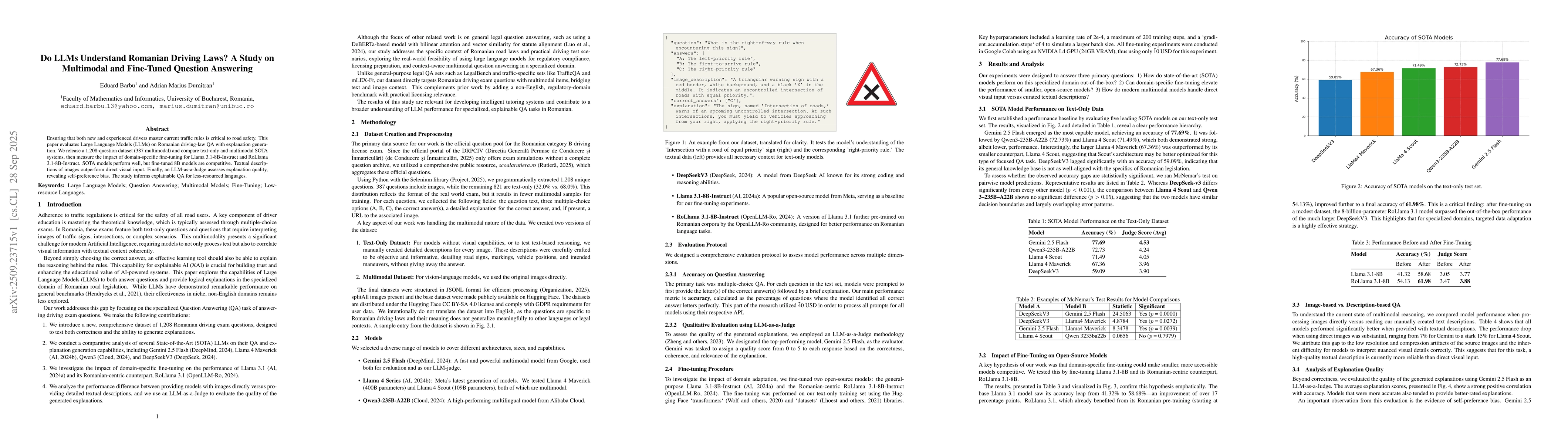 Thumbnail for Do LLMs Understand Romanian Driving Laws? A Study on Multimodal and
  Fine-Tuned Question Answering