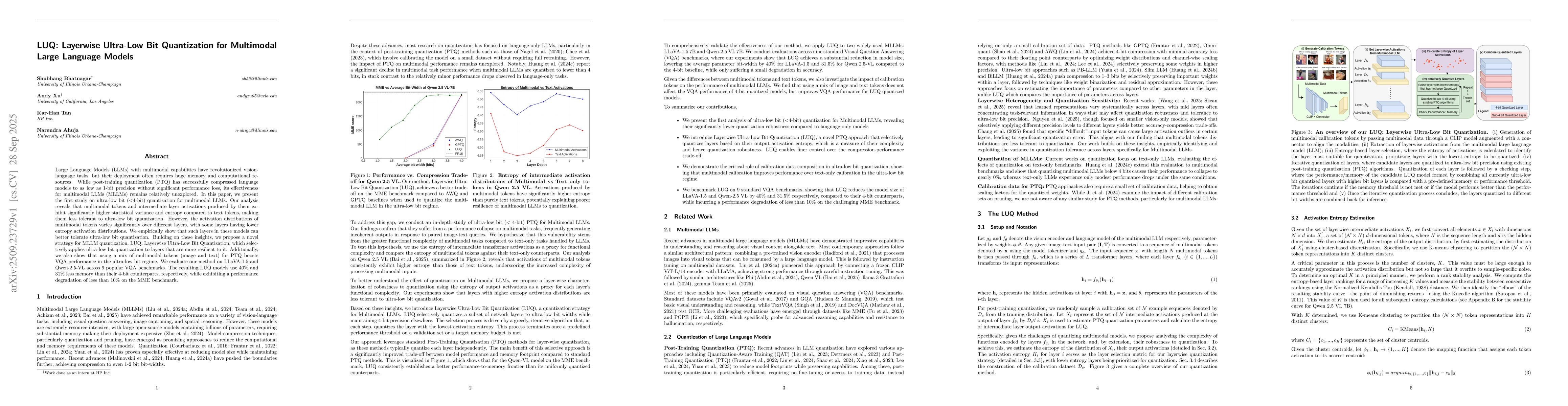Thumbnail for LUQ: Layerwise Ultra-Low Bit Quantization for Multimodal Large Language
  Models