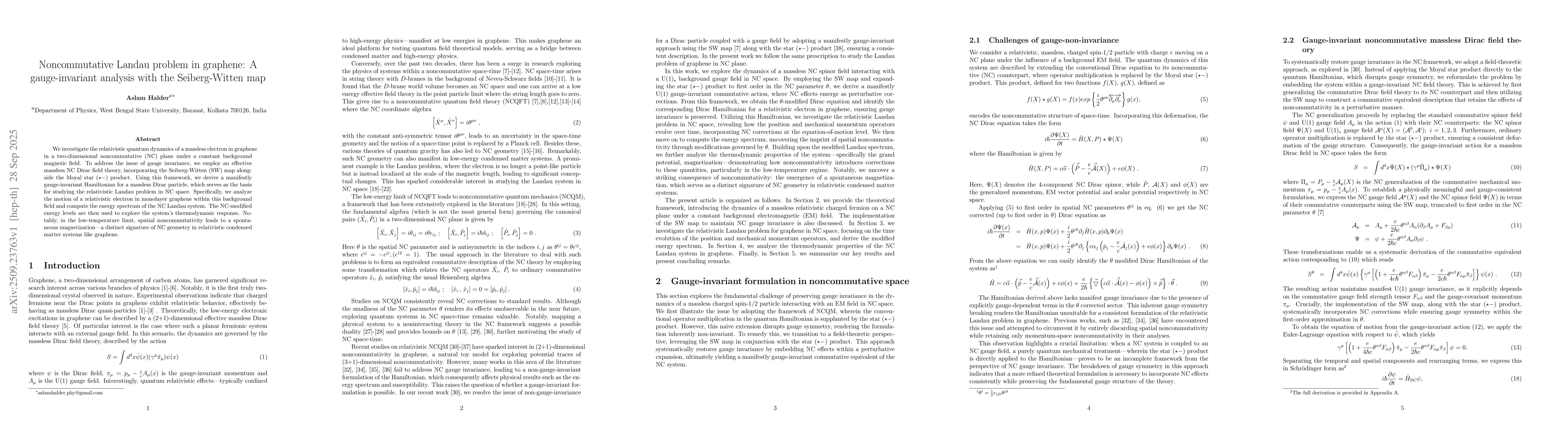 Thumbnail for Noncommutative Landau problem in graphene: a gauge-invariant analysis
  with the Seiberg-Witten map