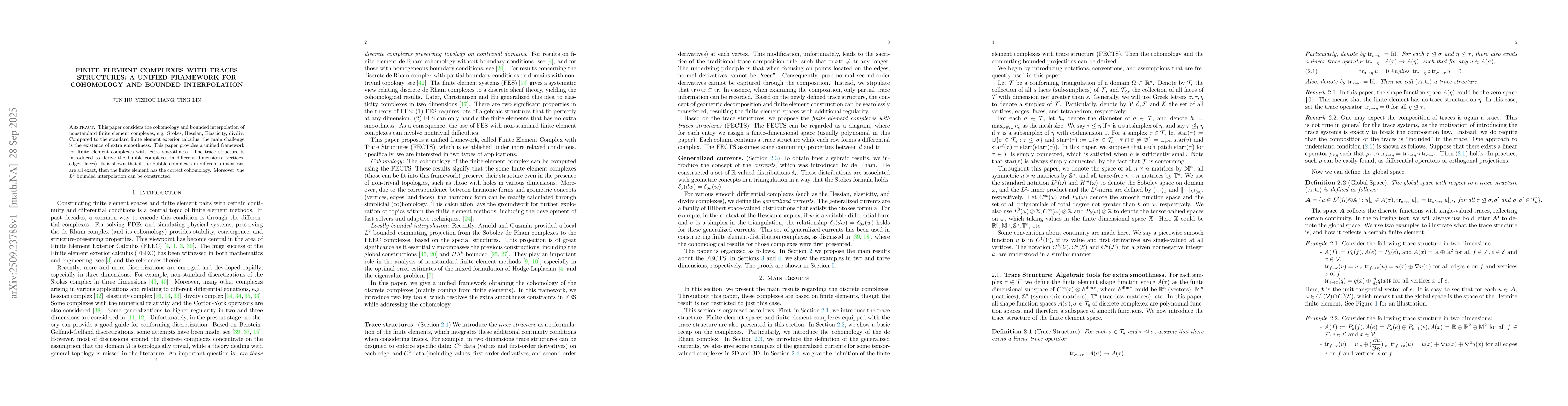 Thumbnail for Finite Element Complexes with Traces Structures: A unified framework for
  cohomology and bounded interpolation