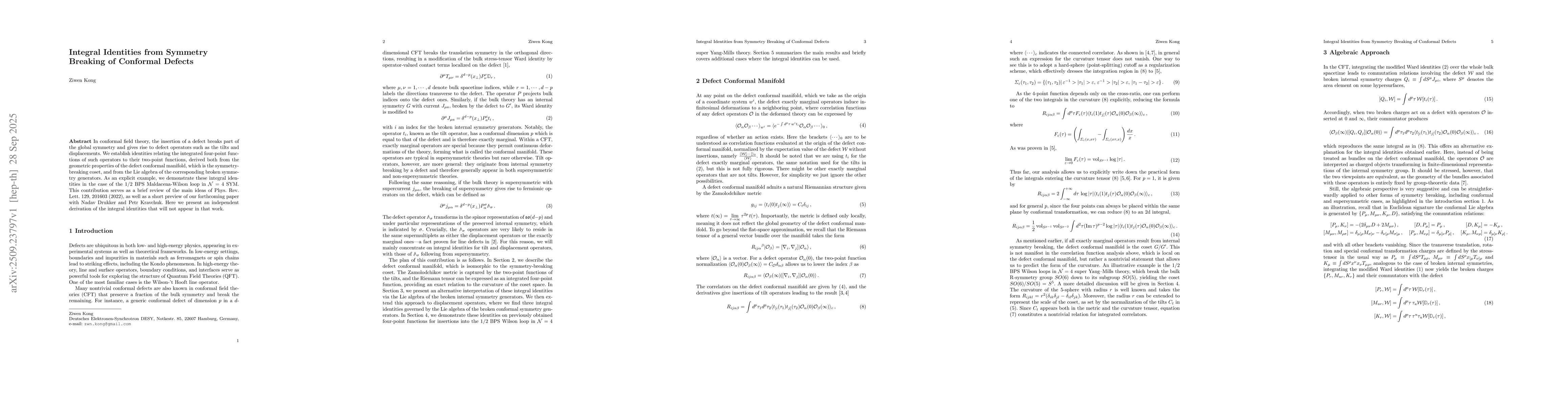 Thumbnail for Integral Identities from Symmetry Breaking of Conformal Defects