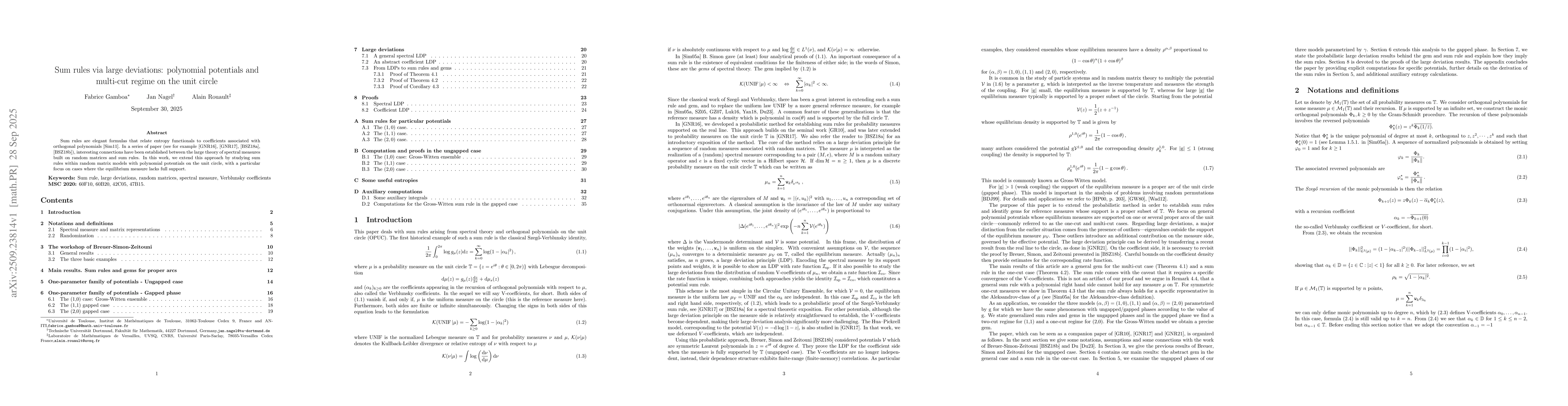 Thumbnail for Sum rules via large deviations: polynomial potentials and multi-cut
  regime on the unit circle