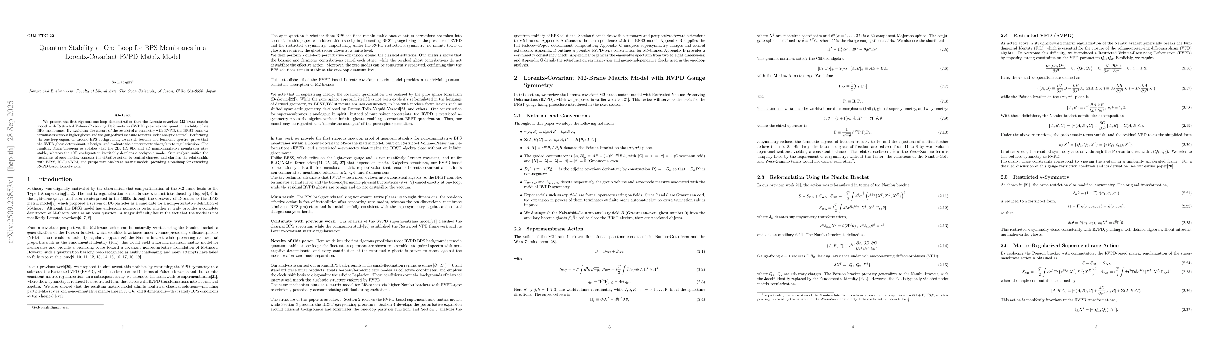 Thumbnail for Quantum Stability at One Loop for BPS Membranes in a Lorentz-Covariant
  RVPD Matrix Model