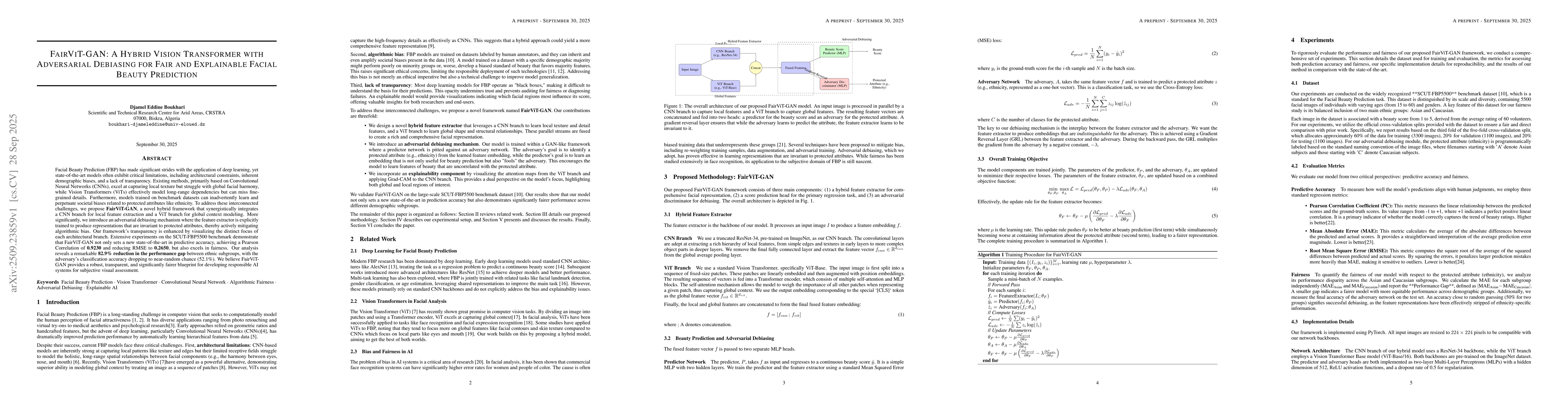 Thumbnail for FairViT-GAN: A Hybrid Vision Transformer with Adversarial Debiasing for
  Fair and Explainable Facial Beauty Prediction