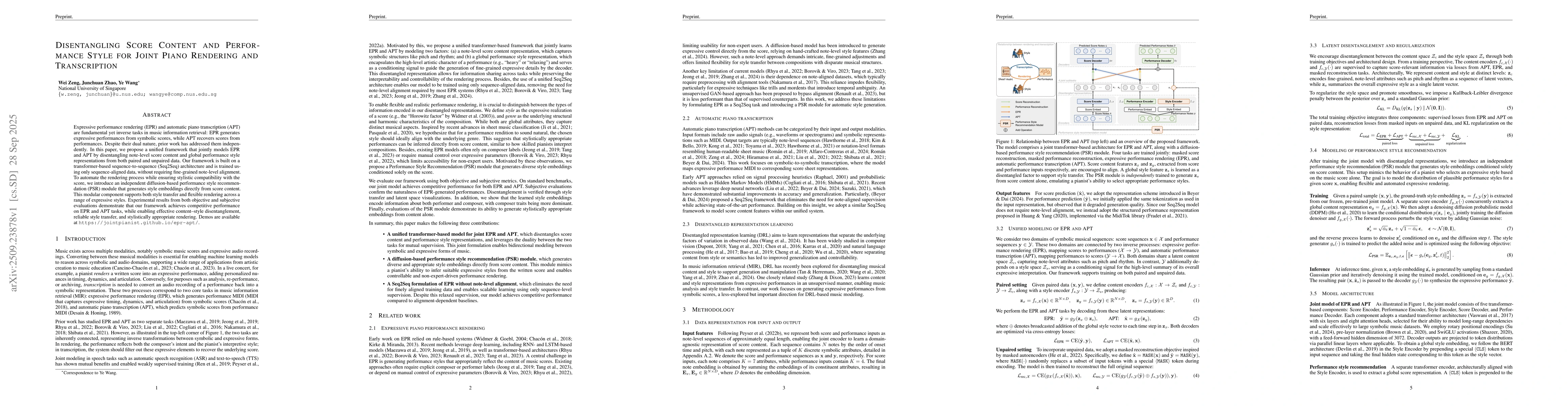Thumbnail for Disentangling Score Content and Performance Style for Joint Piano
  Rendering and Transcription