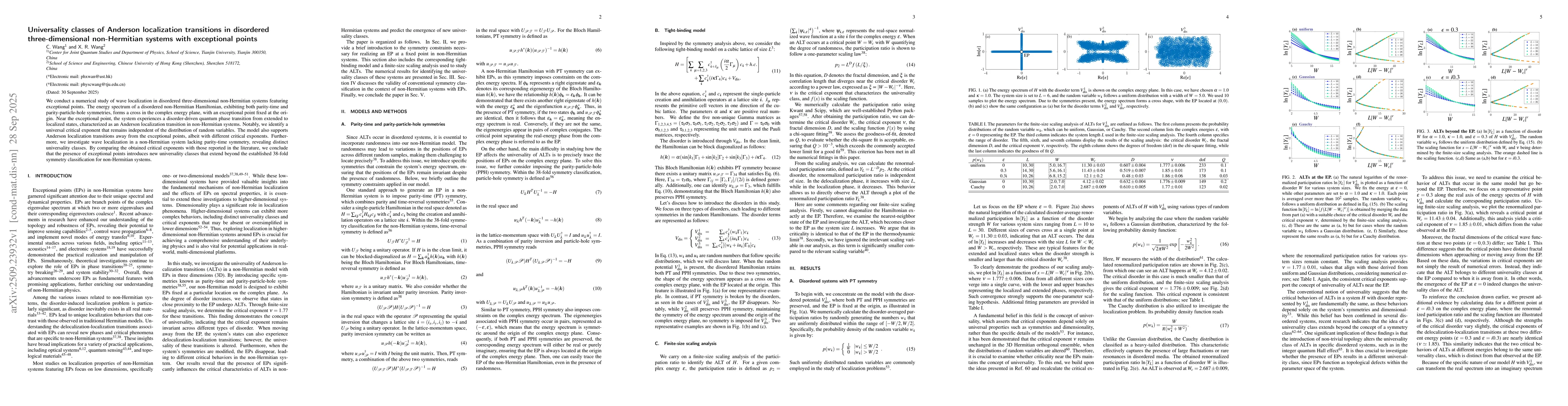 Thumbnail for Universality classes of Anderson localization transitions in disordered
  three-dimensional non-Hermitian systems with exceptional points