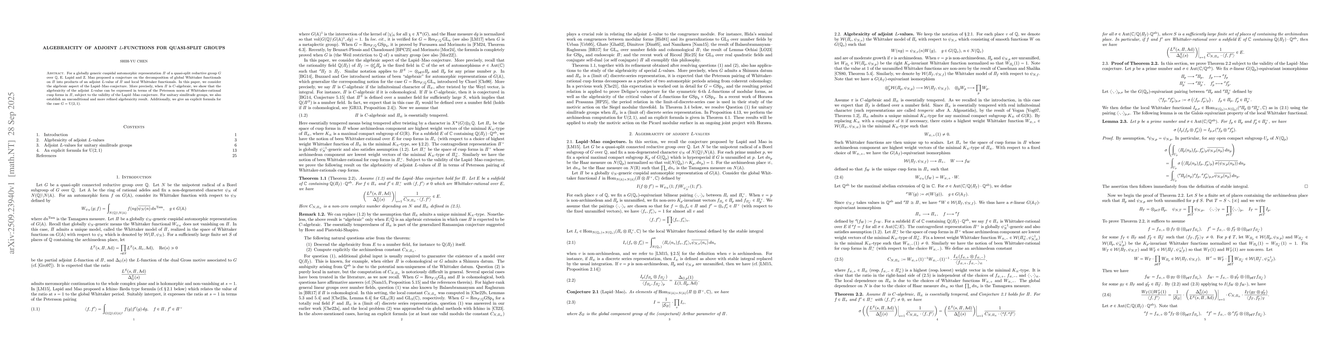 Thumbnail for Algebraicity of adjoint $L$-functions for quasi-split groups