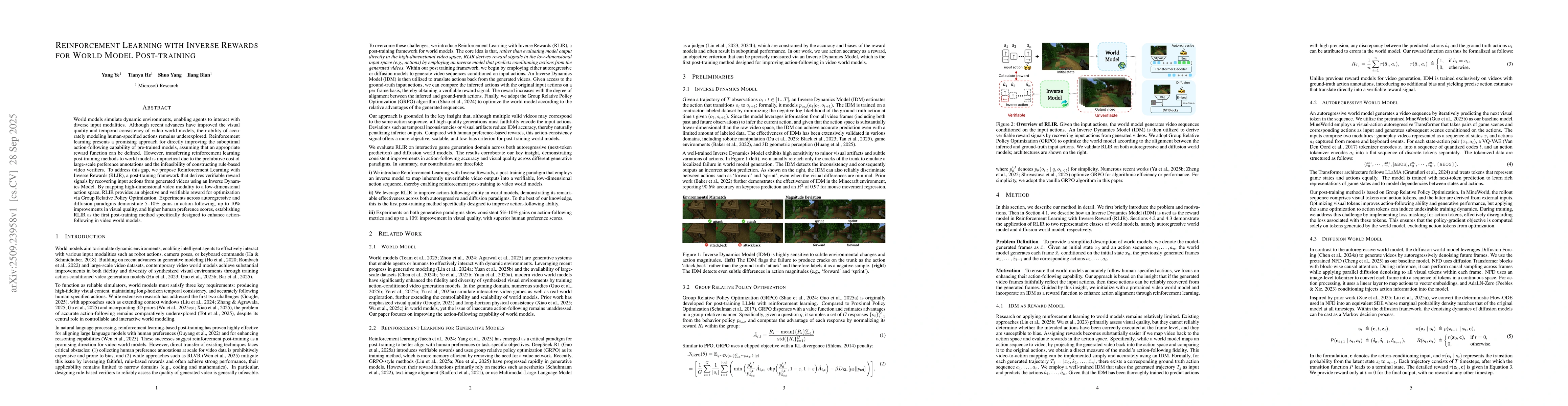 Thumbnail for Reinforcement Learning with Inverse Rewards for World Model
  Post-training