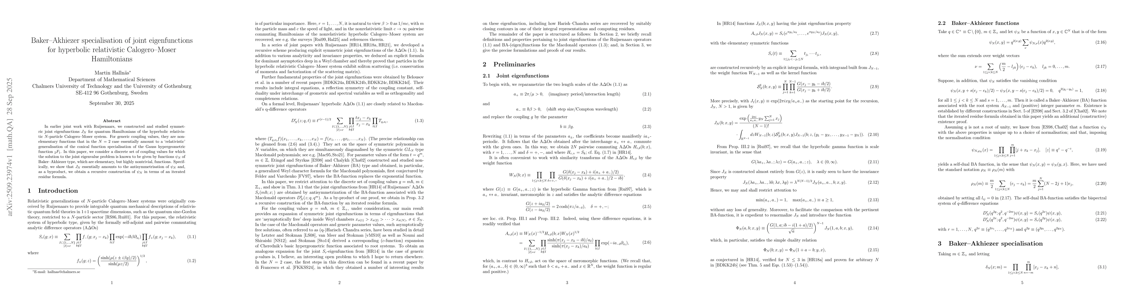 Thumbnail for Baker-Akhiezer specialisation of joint eigenfunctions for hyperbolic
  relativistic Calogero-Moser Hamiltonians
