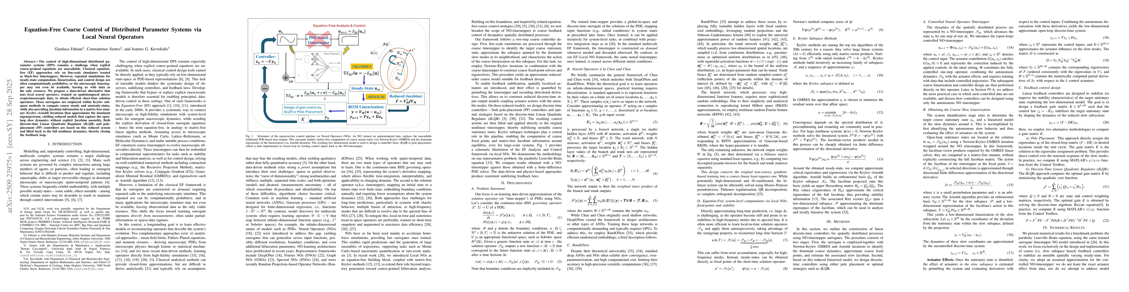 Thumbnail for Equation-Free Coarse Control of Distributed Parameter Systems via Local
  Neural Operators