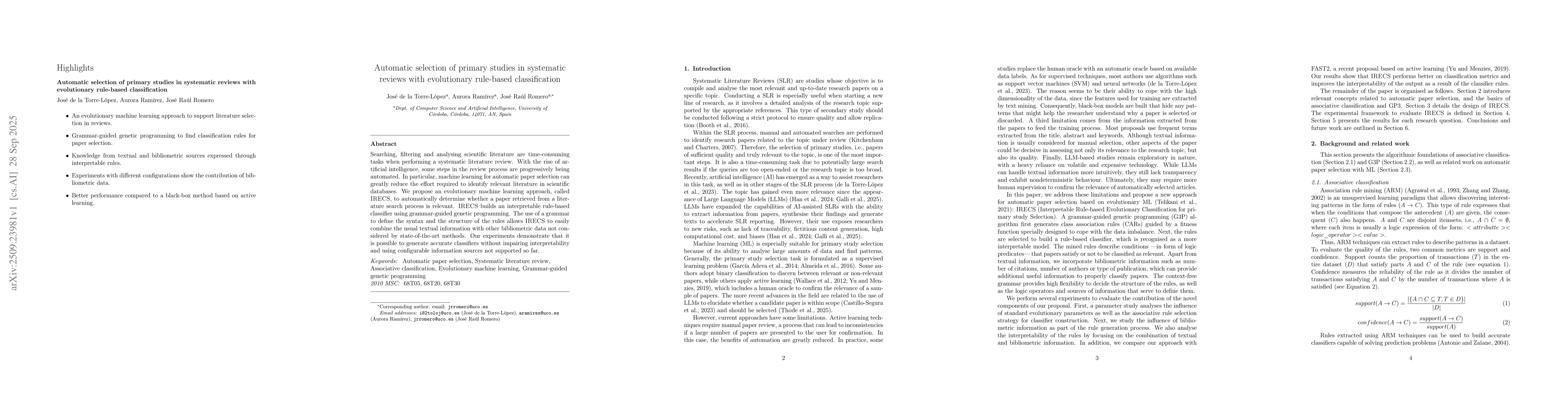 Thumbnail for Automatic selection of primary studies in systematic reviews with
  evolutionary rule-based classification