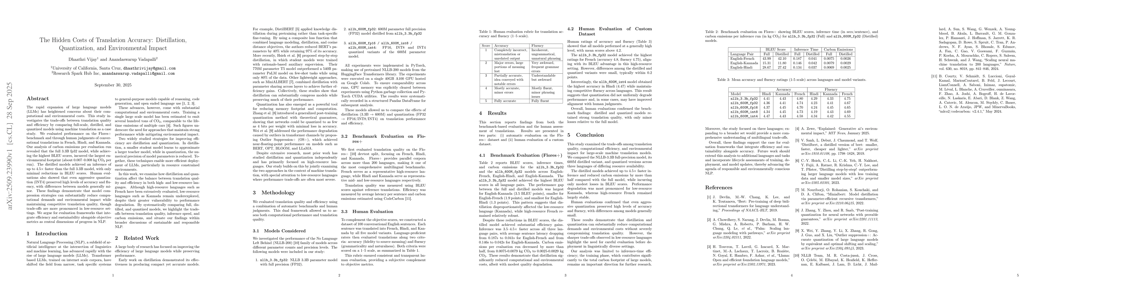 Thumbnail for The Hidden Costs of Translation Accuracy: Distillation, Quantization,
  and Environmental Impact