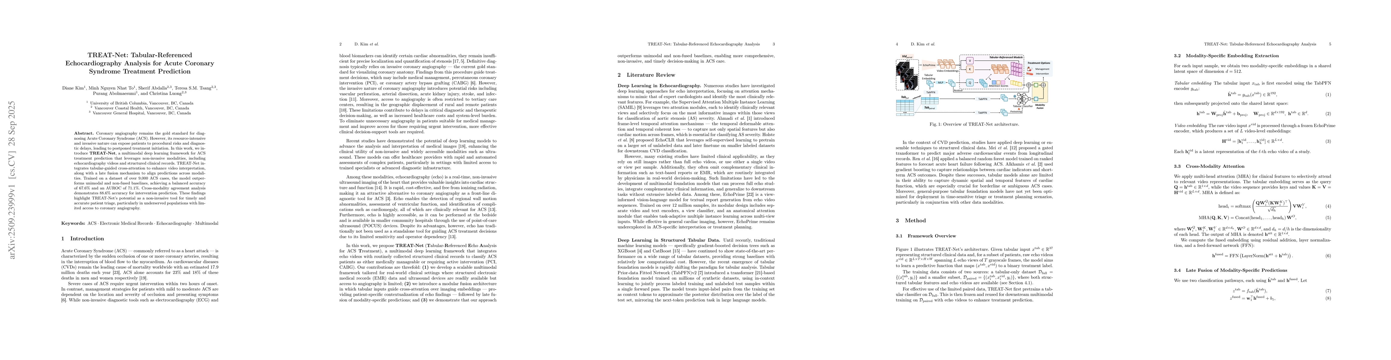 Thumbnail for TREAT-Net: Tabular-Referenced Echocardiography Analysis for Acute
  Coronary Syndrome Treatment Prediction