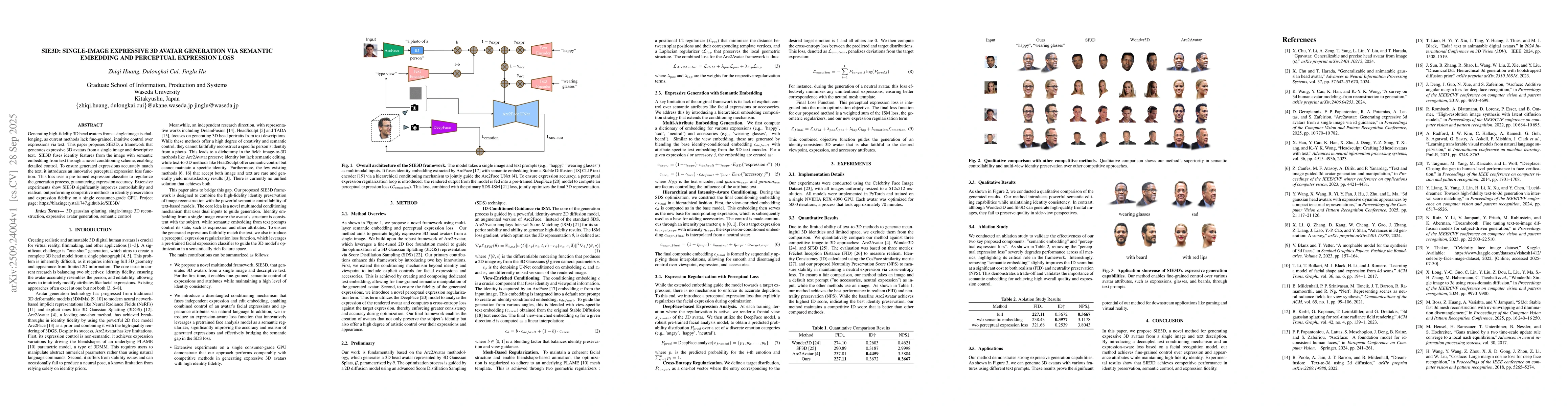 Thumbnail for SIE3D: Single-image Expressive 3D Avatar generation via Semantic
  Embedding and Perceptual Expression Loss