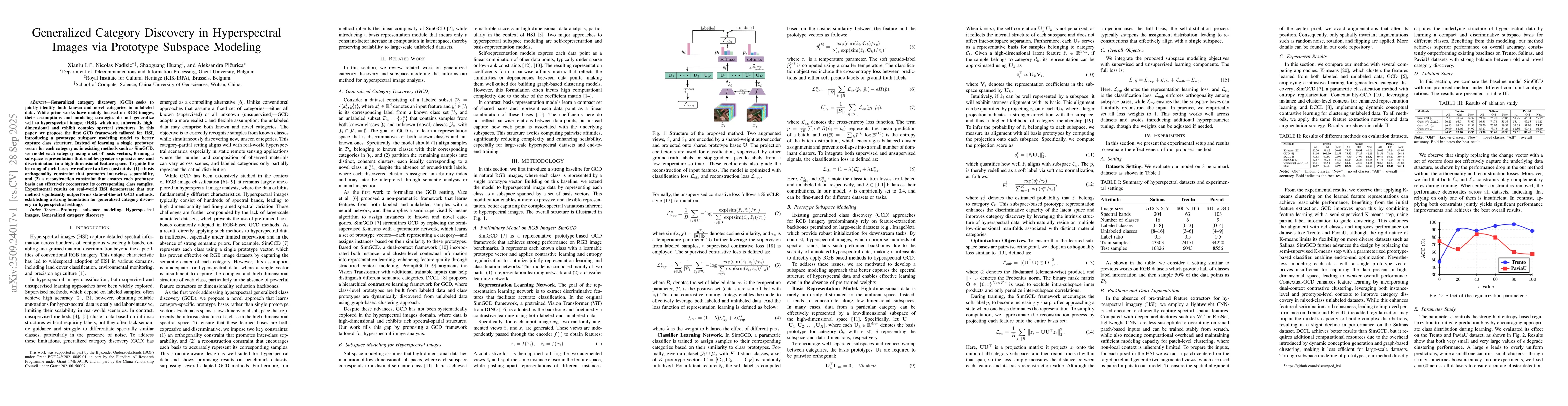 Thumbnail for Generalized Category Discovery in Hyperspectral Images via Prototype
  Subspace Modeling
