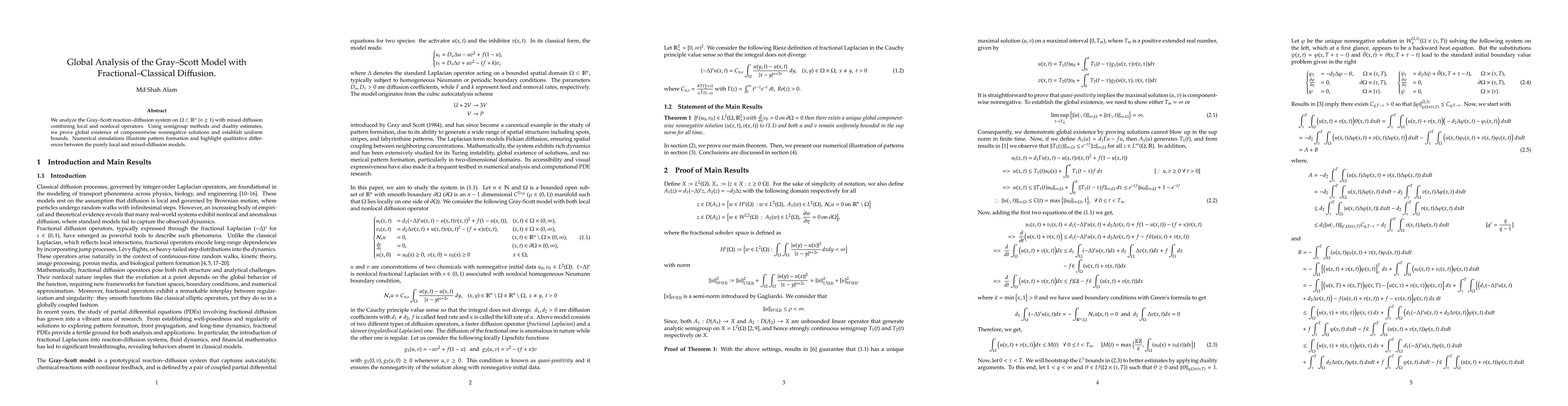 Thumbnail for Global Analysis of the {Gray--Scott} Model with Fractional--Classical
  Diffusion