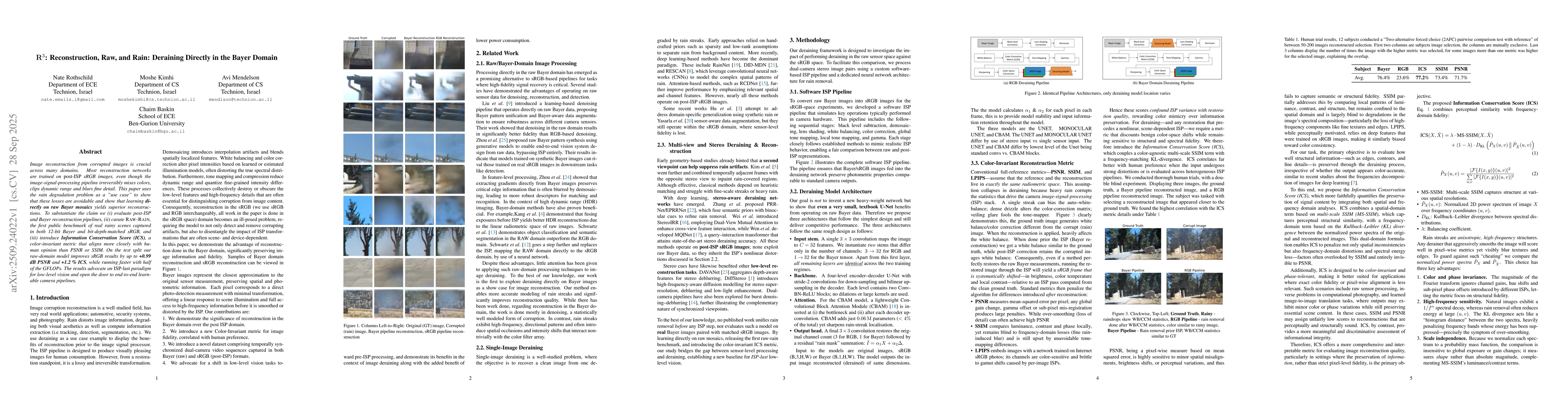 Thumbnail for $\mathbf{R}^3$: Reconstruction, Raw, and Rain: Deraining Directly in the
  Bayer Domain