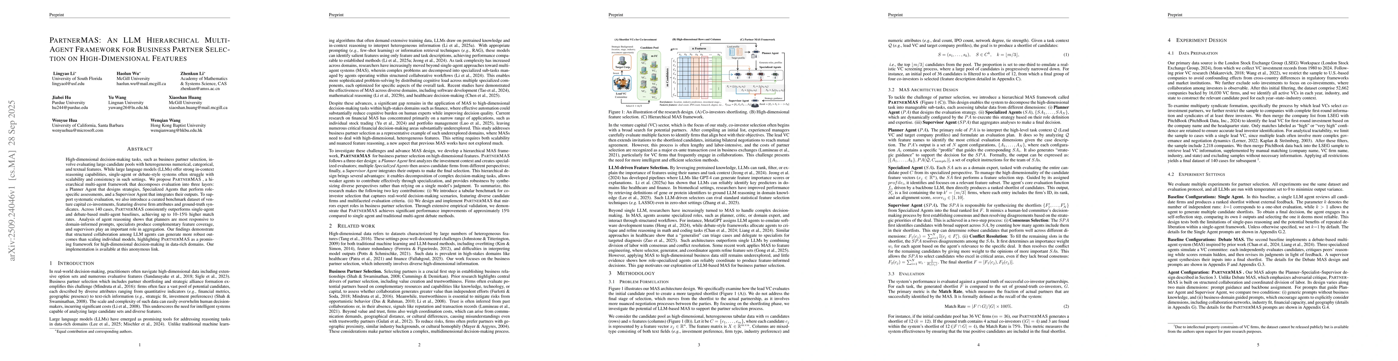 Thumbnail for PartnerMAS: An LLM Hierarchical Multi-Agent Framework for Business
  Partner Selection on High-Dimensional Features