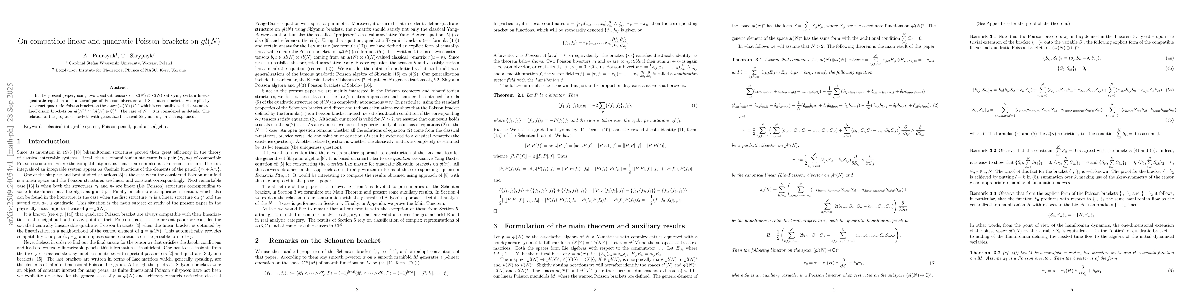 Thumbnail for On compatible linear and quadratic Poisson brackets on $gl(N)$