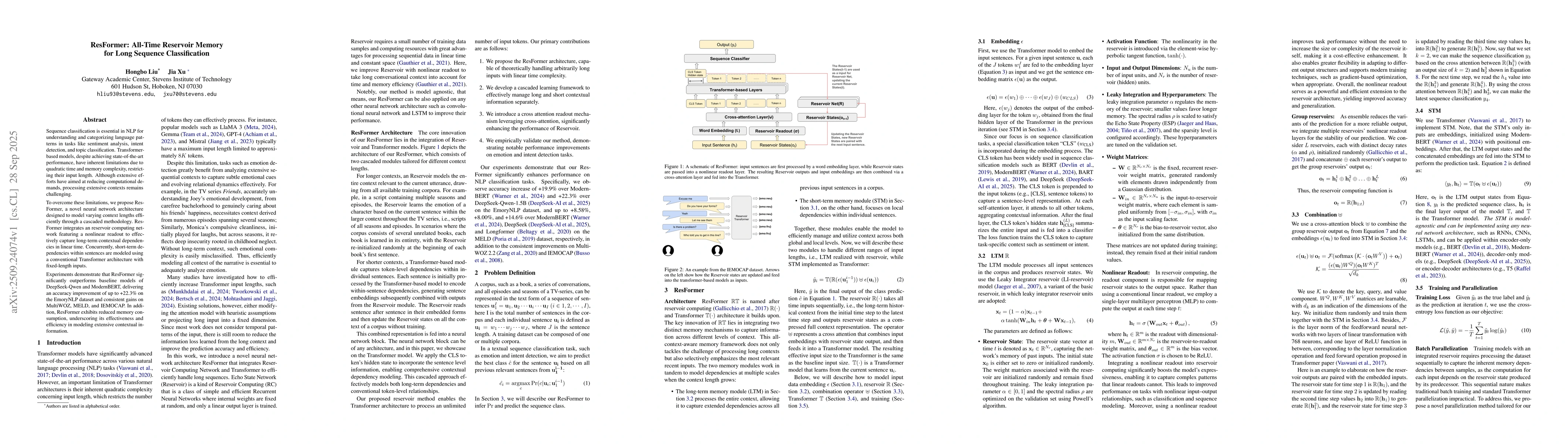 Thumbnail for ResFormer: All-Time Reservoir Memory for Long Sequence Classification