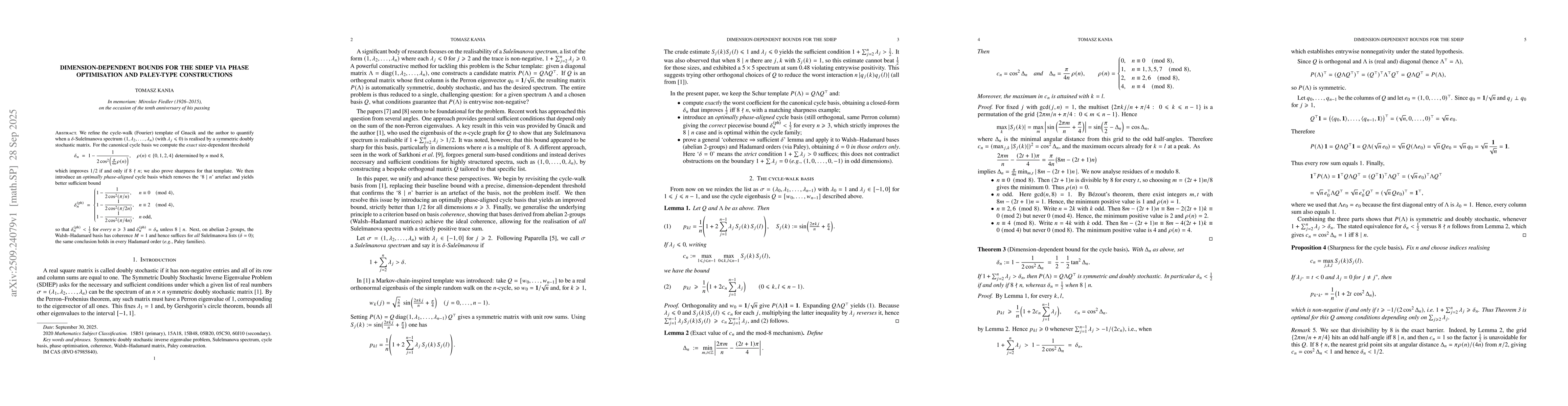 Thumbnail for Dimension-dependent bounds for the SDIEP via phase optimisation and
  Paley-type constructions