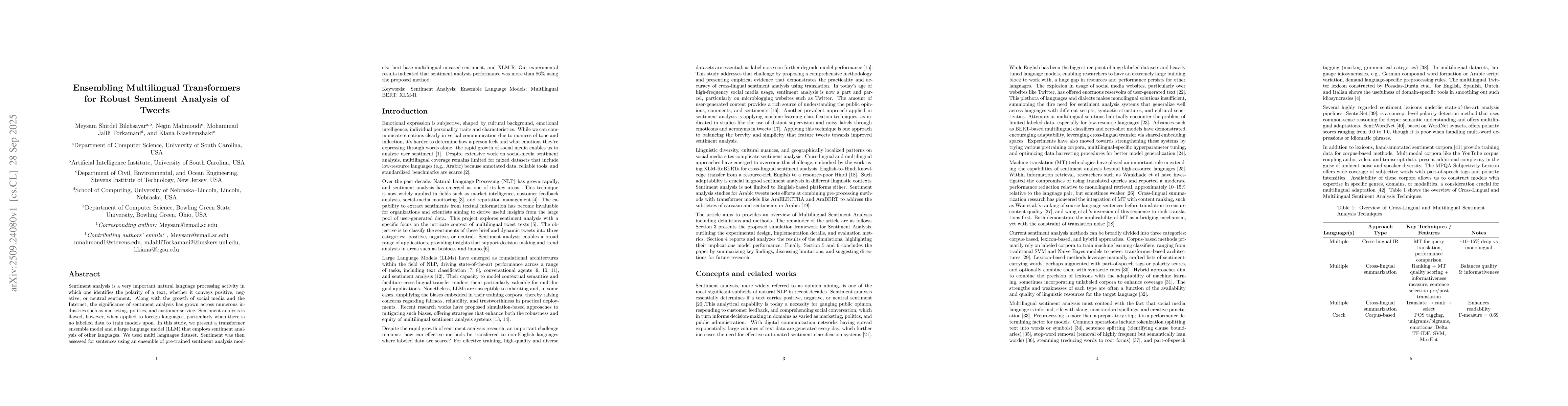 Thumbnail for Ensembling Multilingual Transformers for Robust Sentiment Analysis of
  Tweets