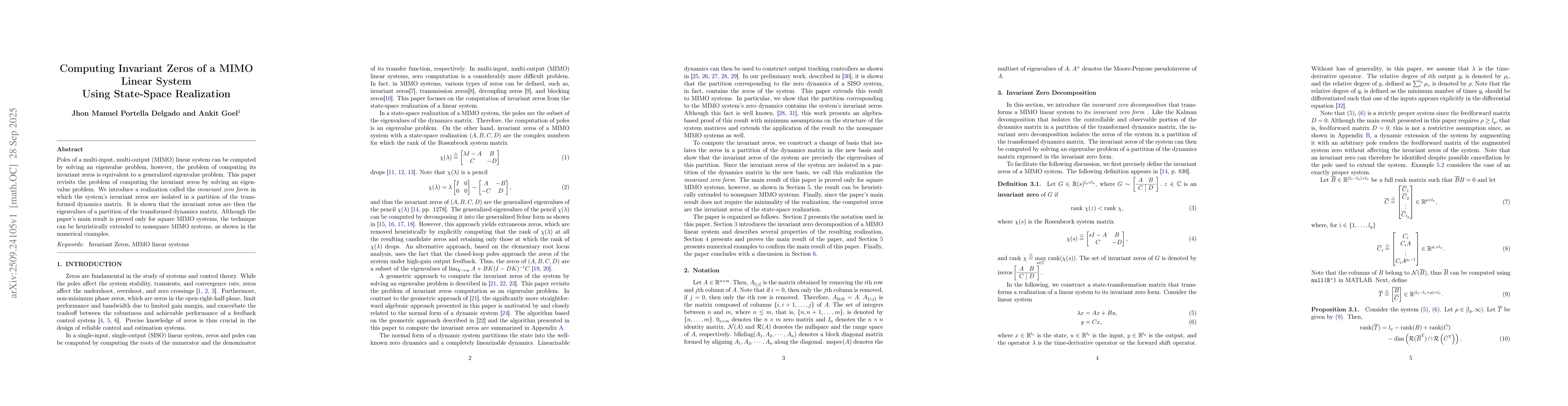 Thumbnail for Computing Invariant Zeros of a MIMO Linear System Using State-Space
  Realization