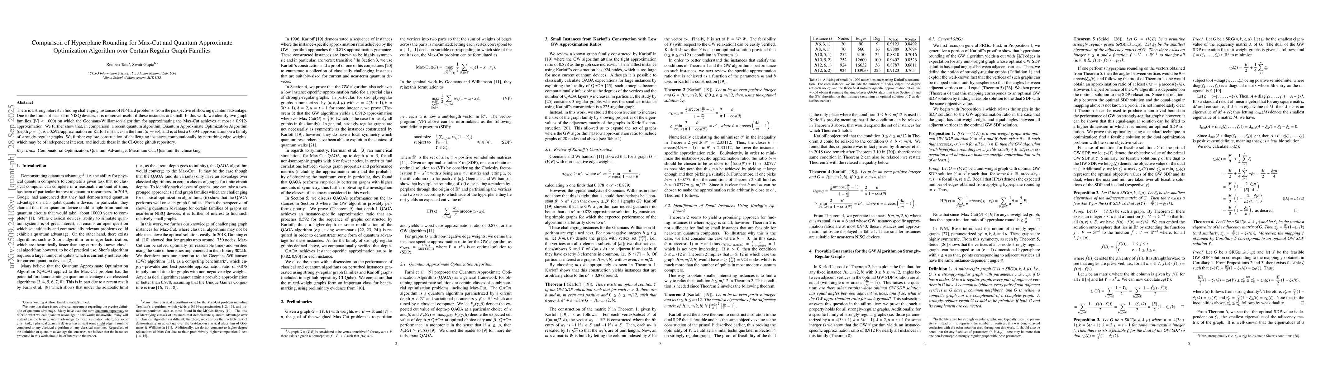 Thumbnail for Comparison of Hyperplane Rounding for Max-Cut and Quantum Approximate
  Optimization Algorithm over Certain Regular Graph Families
