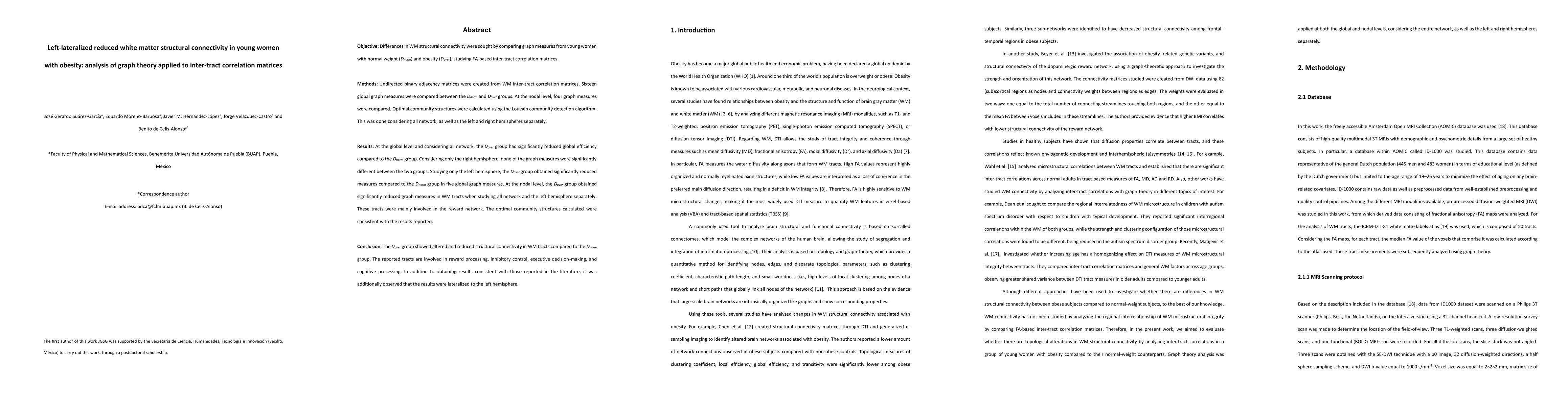 Thumbnail for Left-lateralized reduced white matter structural connectivity in young
  women with obesity: analysis of graph theory applied to inter-tract
  correlation matrices
