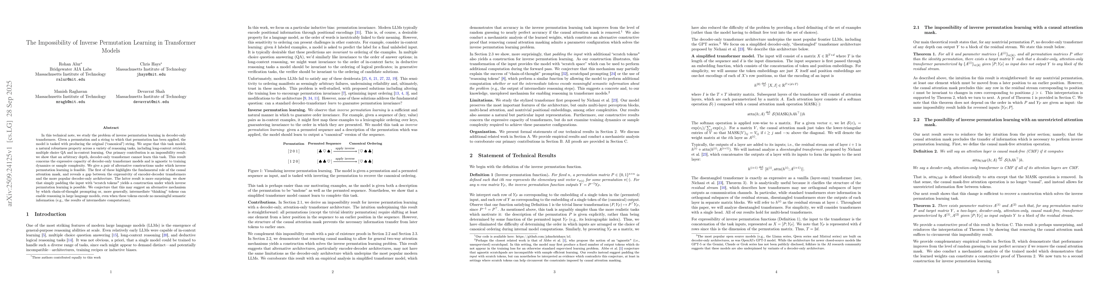 Thumbnail for The Impossibility of Inverse Permutation Learning in Transformer Models