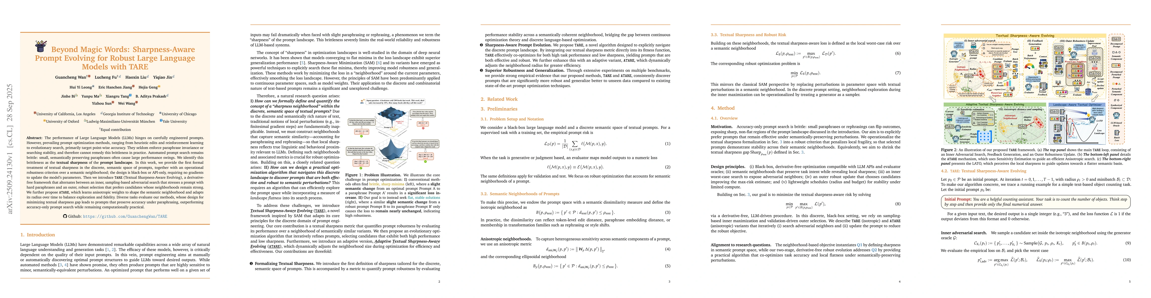 Thumbnail for Beyond Magic Words: Sharpness-Aware Prompt Evolving for Robust Large
  Language Models with TARE