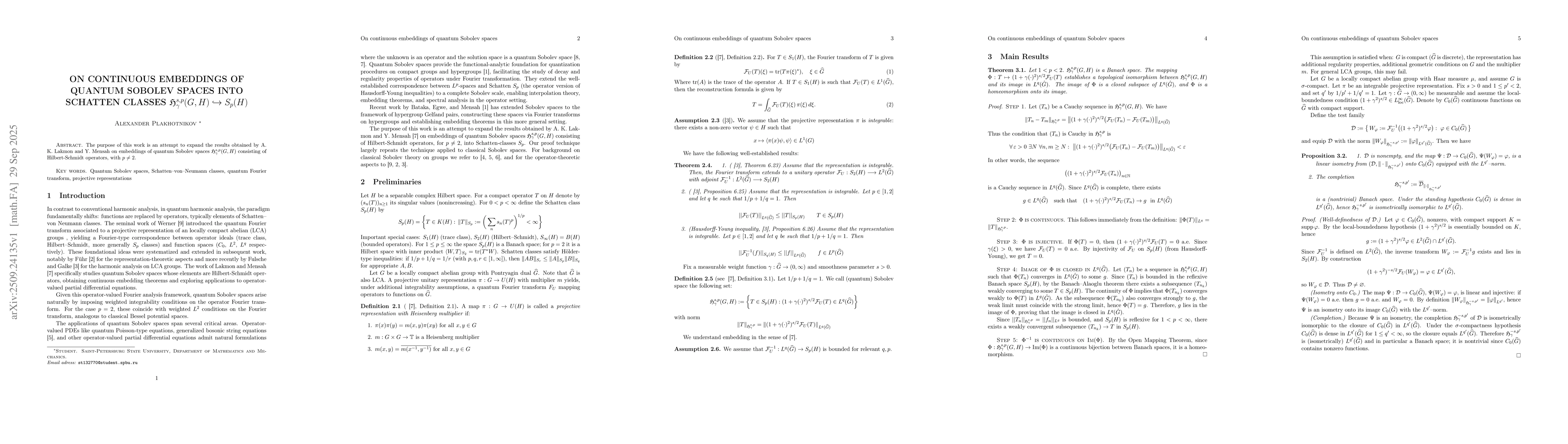 Thumbnail for On continuous embeddings of quantum Sobolev spaces into Schatten classes
  $\mathfrak{H}_γ^{s,p}(G,H) \hookrightarrow S_p(H)$