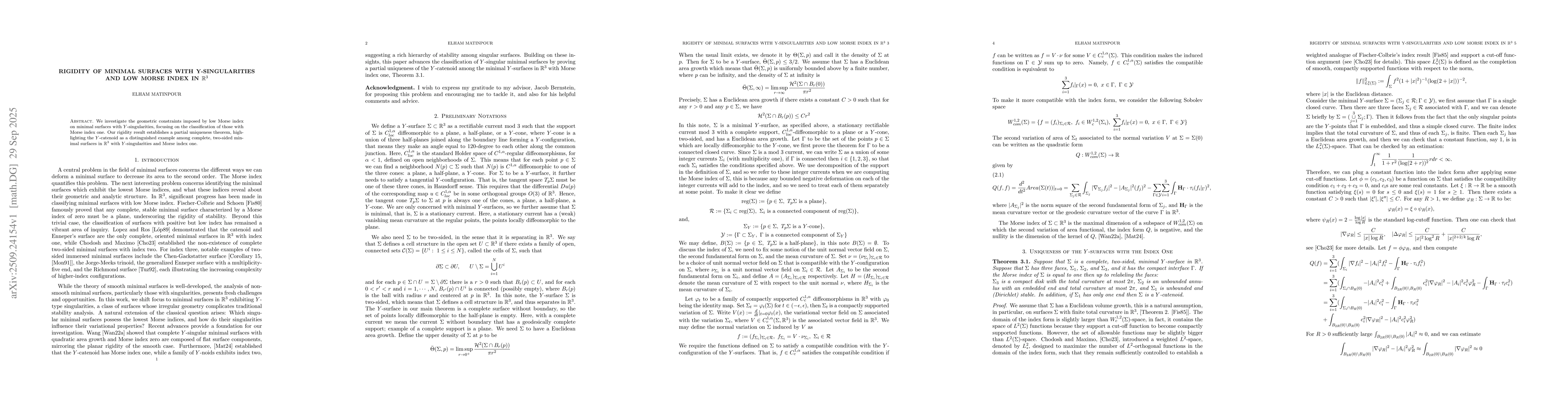 Thumbnail for Rigidity of Minimal Surfaces with Y-singularities and low Morse Index in
  $\mathbb{R}^3$