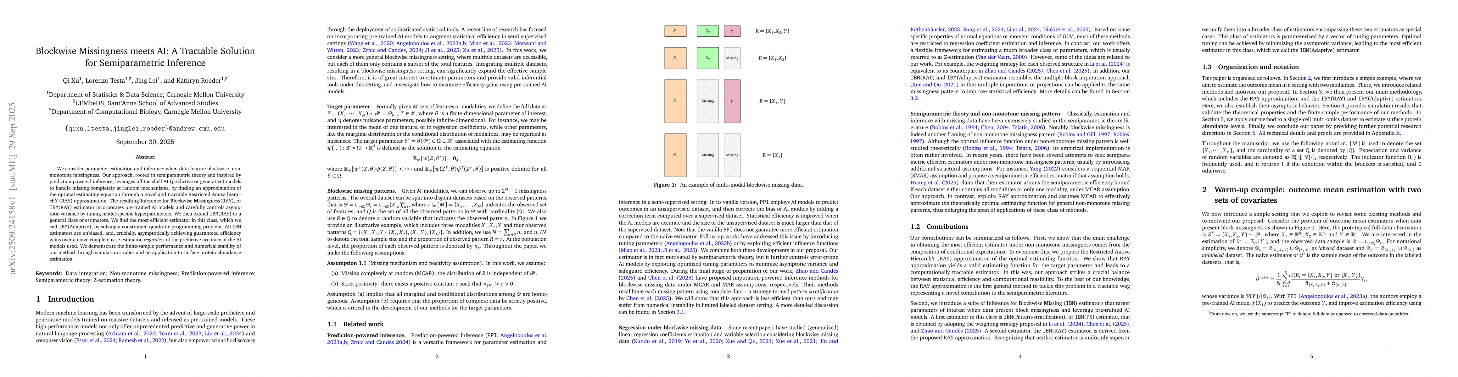 Thumbnail for Blockwise Missingness meets AI: A Tractable Solution for Semiparametric
  Inference